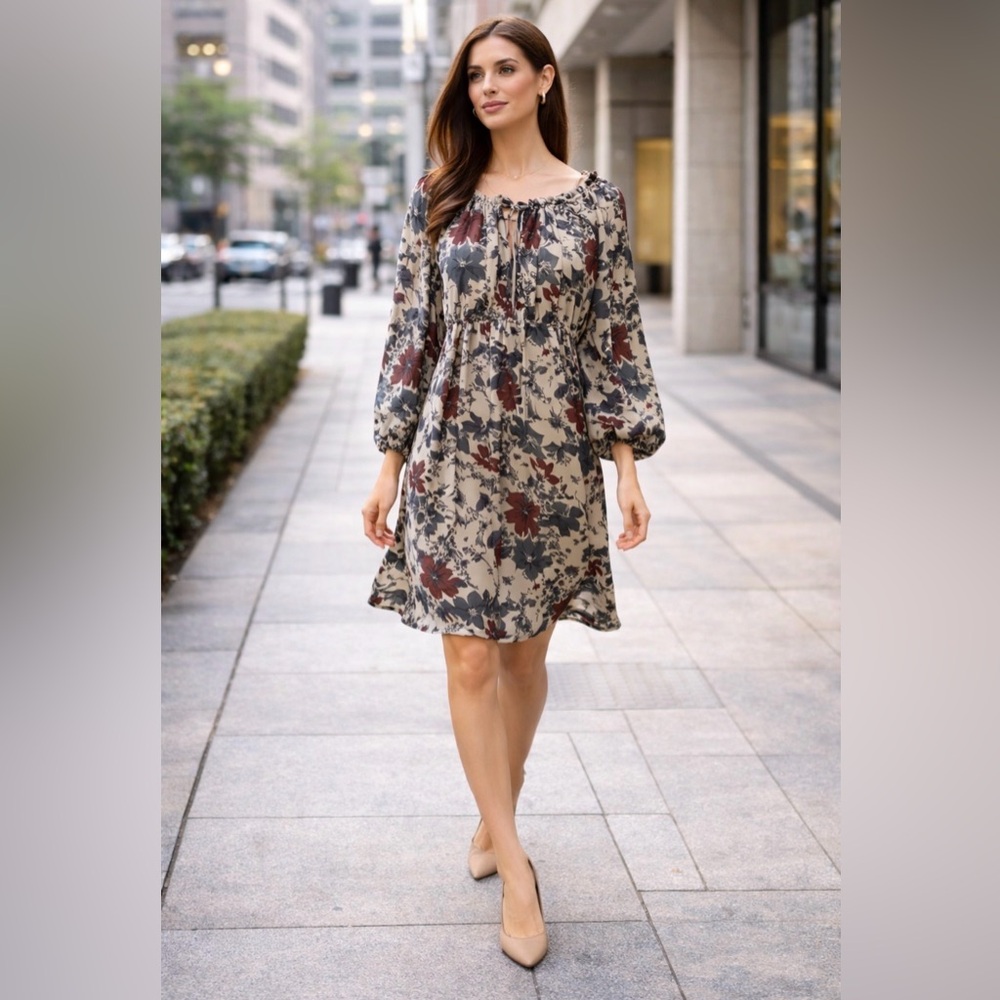 Anthropologie JOIE Dress Gray Black Wine Medium M 6 8 10 3/4 Sleeve SILK